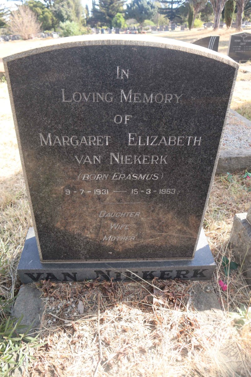 NIEKERK Margaret Elizabeth, van nee ERASMUS 1931-1963