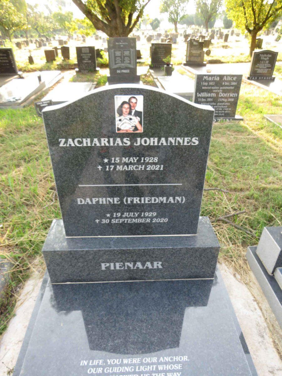 PIENAAR Zacharias Johannes 1928-2021 & Daphne FRIEDMAN 1929-2020