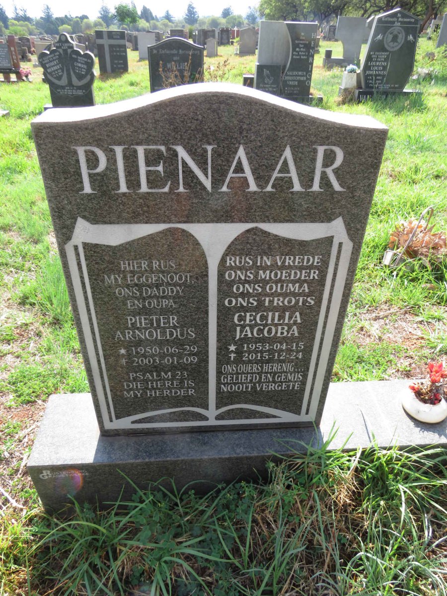 PIENAAR Pieter Arnoldus 1950-2003 & Cecilia Jacoba 1953-2015
