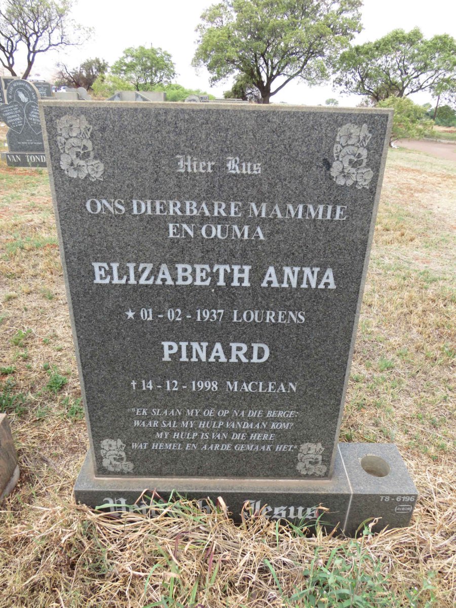 PINARD Elizabeth Anna nee LOURENS 1937-1998