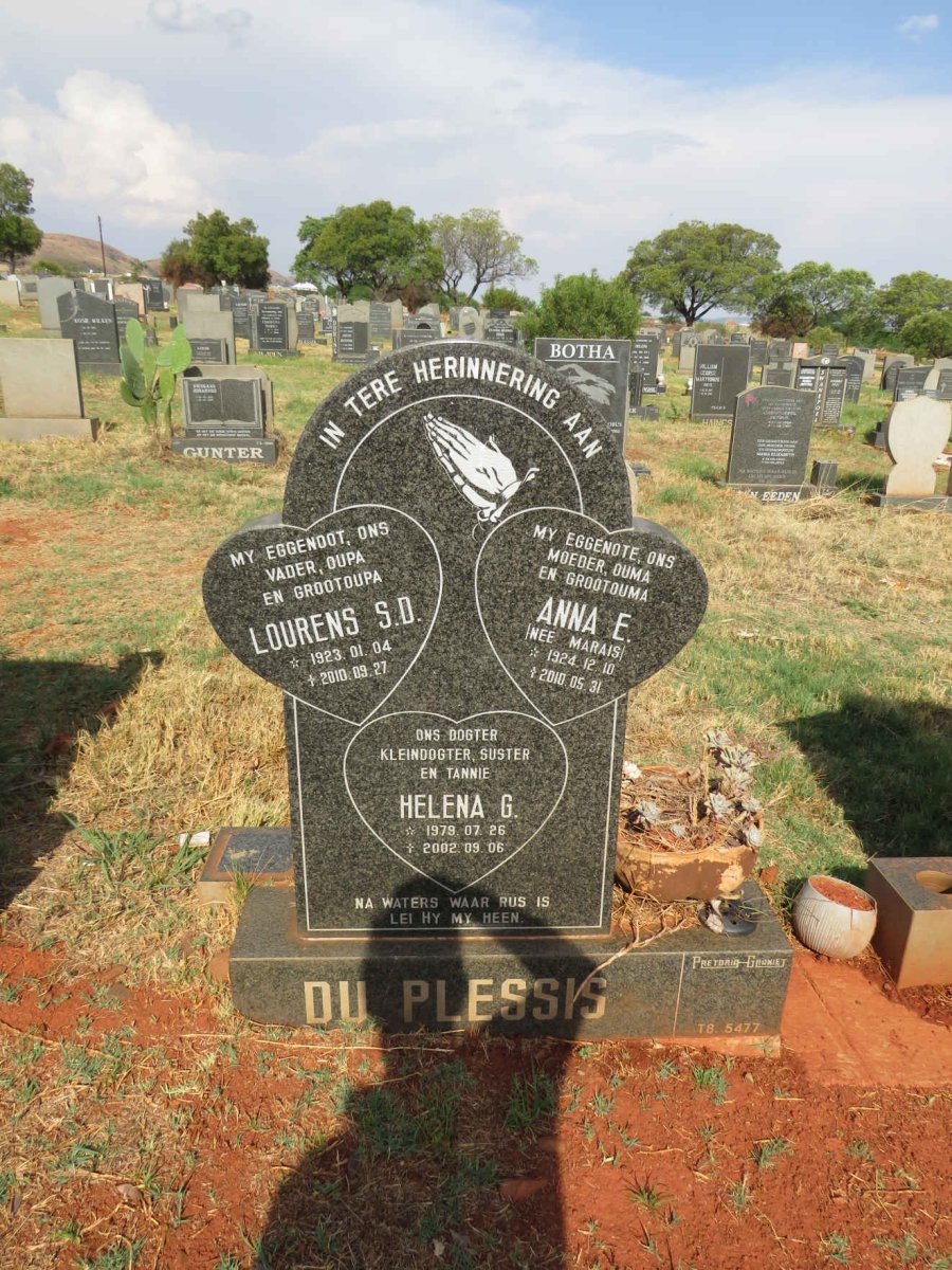 PLESSIS Lourens S.D., du 1923-2010 & Anna E. MARAIS 1924-2010 :: DU PLESSIS Helena G. 1979-2002