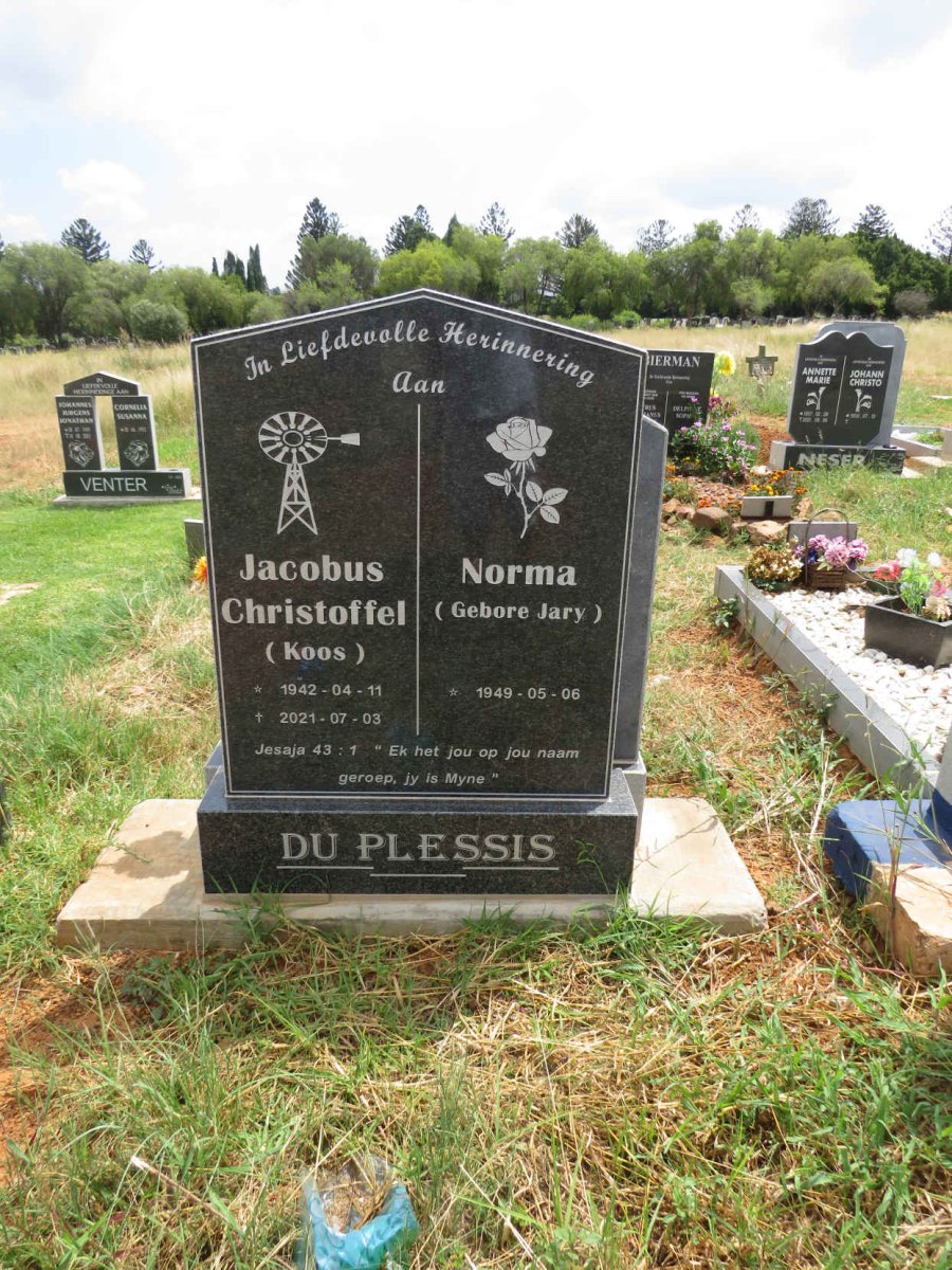 PLESSIS Jacobus Christoffel, du 1942-2021 & Norma JARY 1949-