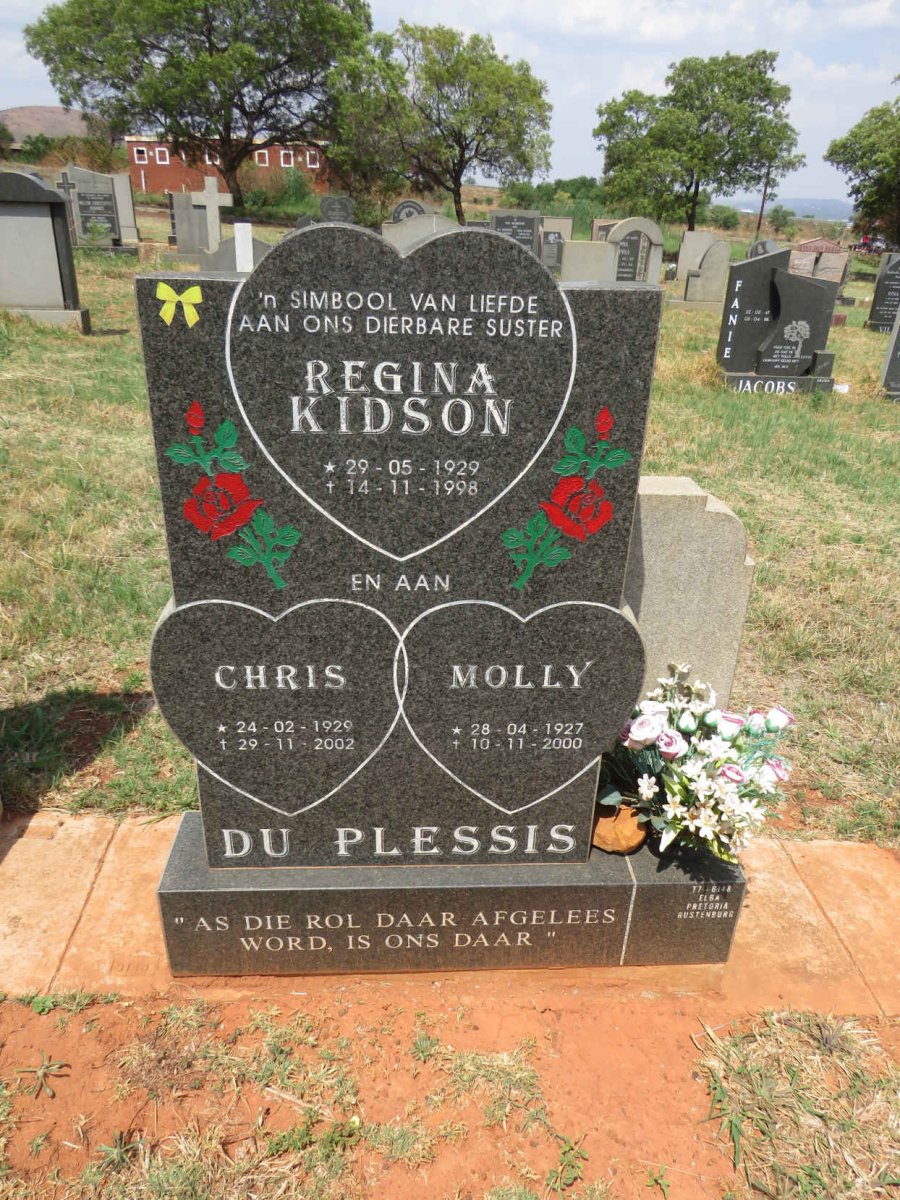 PLESSIS Chris, du 1929-2002 & Molly 1927-2000 :: KIDSON Regina 1929-1998
