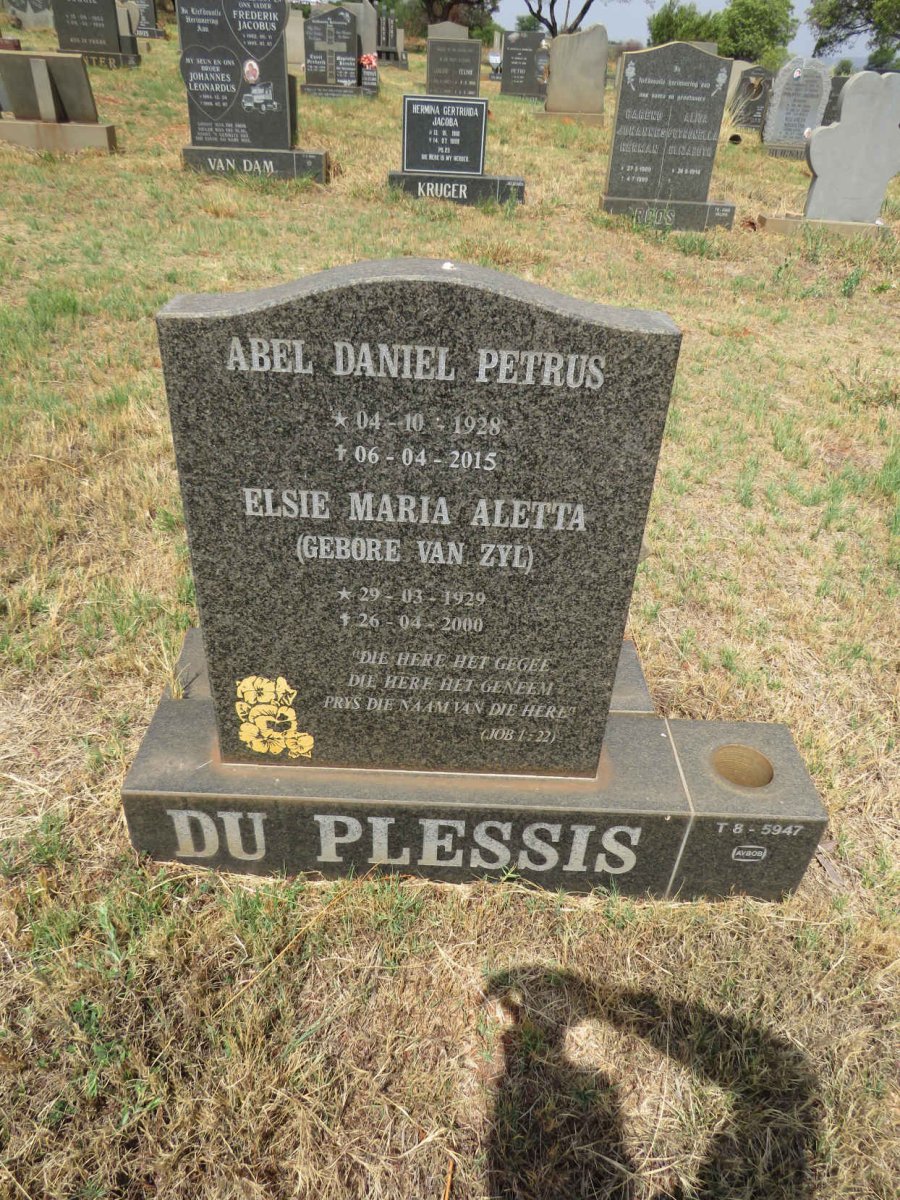 PLESSIS Abel Daniel Petrus, du 1928-2015 & Elsie Maria Aletta VAN ZYL 1929-2000