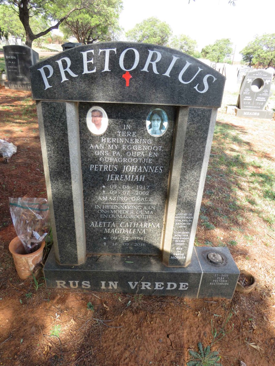PRETORIUS Petrus Johannes Jeremiah 1917-2002 & Aletta Catharina Magdalena 1941-2016 