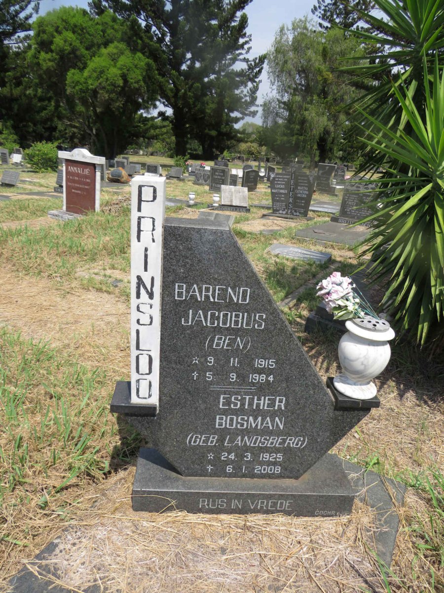 PRINSLOO Barend Jacobus 1915-1984 & Esther Bosman LANDSBERG 1925-2008