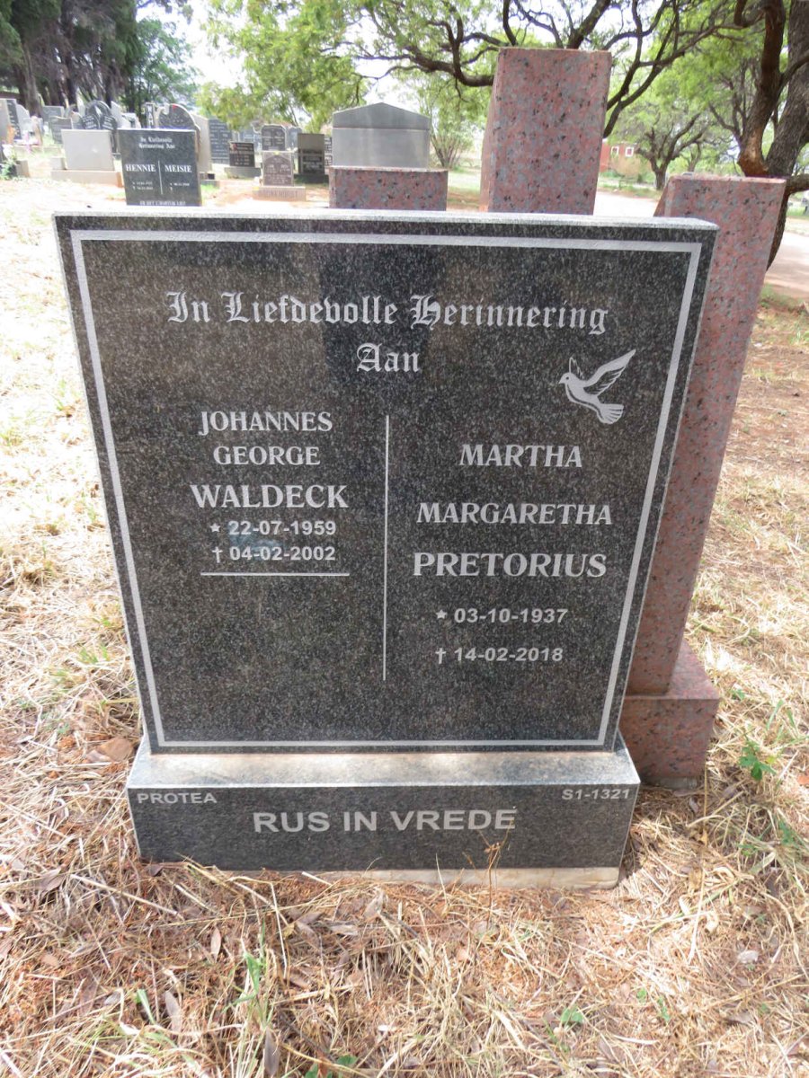 PRETORIUS Martha Margaretha 1937-2018 :: WALDECK Johannes George 1959-2002