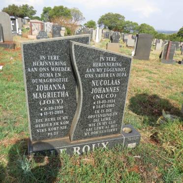 ROUX Nucolaas Johannes, le 1934-2003 & Johanna Magrietha 1938-2018