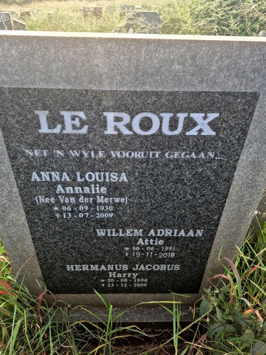 ROUX Anna Louisa, le nee VAN DER MERWE 1930-2009 :: LE ROUX Willem Adriaan 1951-2018 :: LE ROUX Hermanus Jacobus 1956-2000