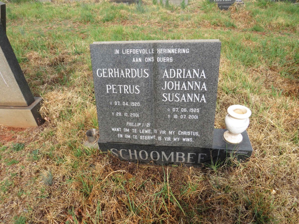 SCHOOMBEE Gerhardus Petrus 1920-2001 & Adriana Johanna Susanna 1925-2001