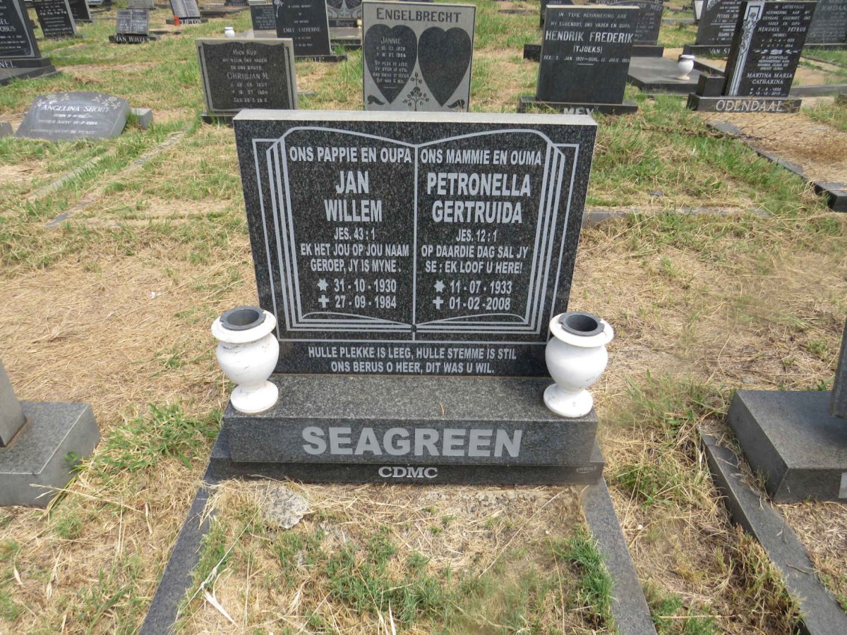 SEAGREEN Jan Willem 1930-1984 & Petronella Gertruida 1933-2008