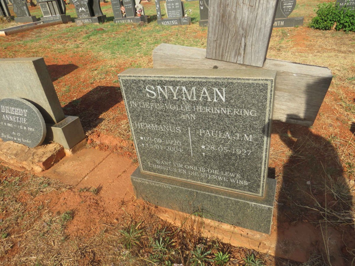 SNYMAN Hermanus 1920-2004 & Paula J.M. 1927-