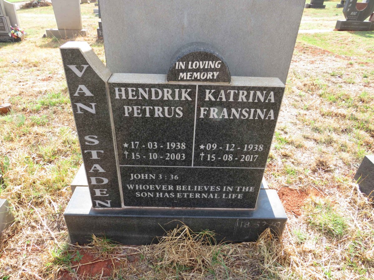 STADEN Hendrik Petrus, van 1938-2003 & Katrina Fransina 1938-2017