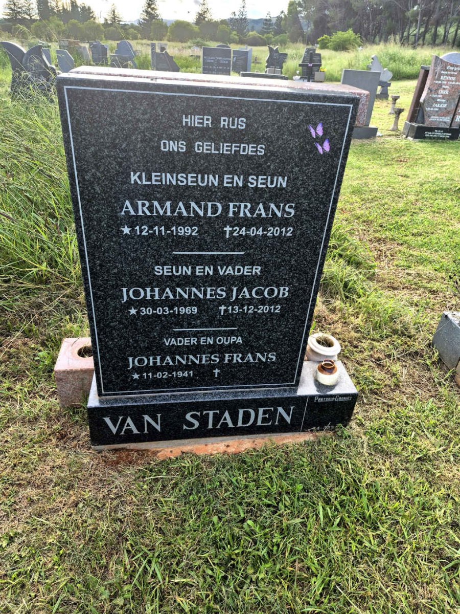 STADEN Johannes Frans, van 1941- :: VAN STADEN Johannes Jacob 1969-2012 :: VAN STADEN Armand Frans 1992-2012