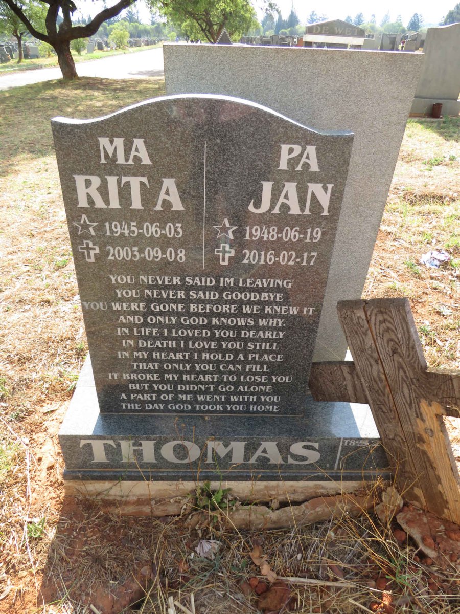 THOMAS Jan 1948-2016 & Rita 1945-2003