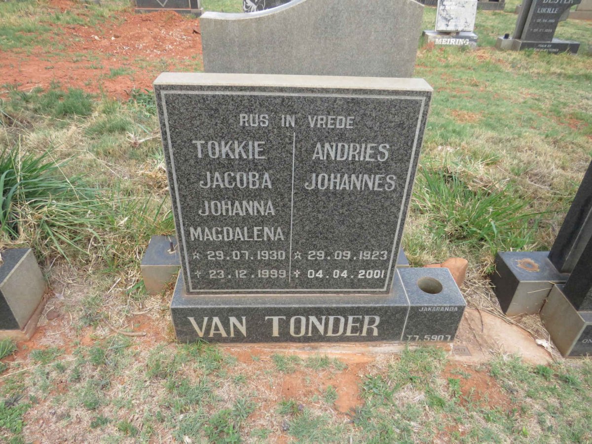 TONDER Andries Johannes, van 1923-2001 & Jacoba Johanna Magdalena 1930-1999