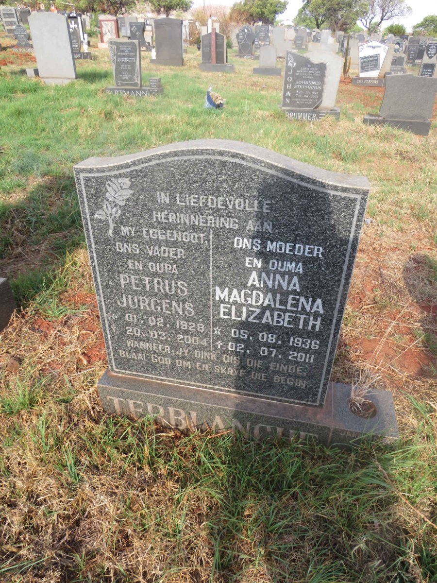 TERBLANCHE Petrus Jurgens 1928-2004 & Anna Magdalena Elizabeth 1936-2011
