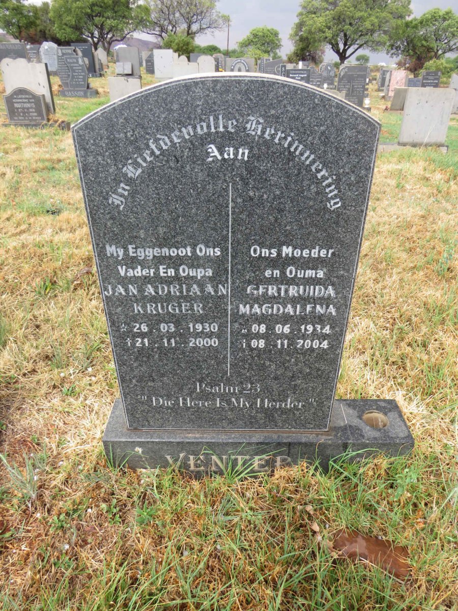 VENTER Jan Adriaan Kruger 1930-2000 & Gertruida Magdalena 1934-2004