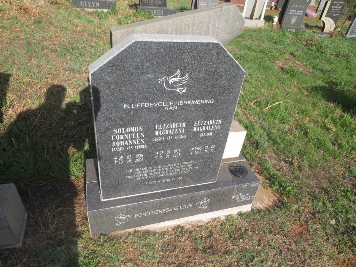 VUUREN Solomon Cornelus Johannes Jansen van 1935-2003 & Elizabeth Magdalena 1938-2005 :: BLOM Elizabeth Magdalena 1965-2010