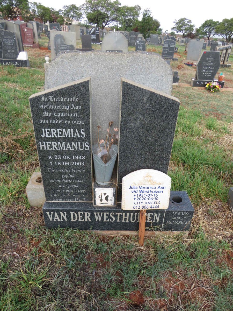 WESTHUIZEN Jeremias Hermanus, van der 1948-2003 :: V/D WESTHUIZEN Julia Veronica Ann 1951-2020