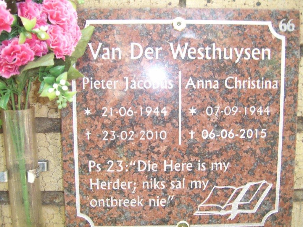 WESTHUYSEN Pieter Jacobus, van der 1944-2010 &amp; Anna Christina 1944-2015