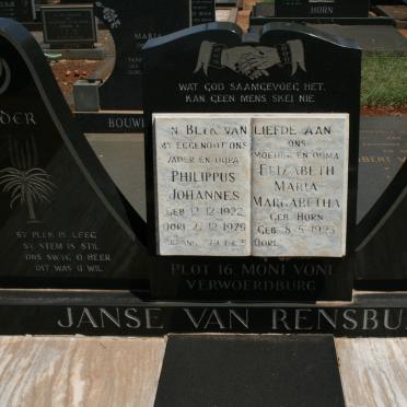 RENSBURG Philippus Johannes, Janse van 1922-1979 &amp; Elizabeth Maria Margaretha HORN 1923-