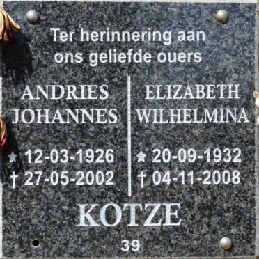 KOTZE Andries Johannes 1926-2002 &amp; Elizabeth Wilhelmina 1932-2008