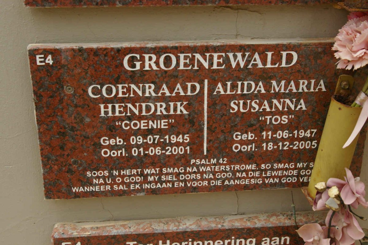 GROENEWALD Coenraad Hendrik 1945-2001 &amp; Alida Maria Susanna 1947-2005