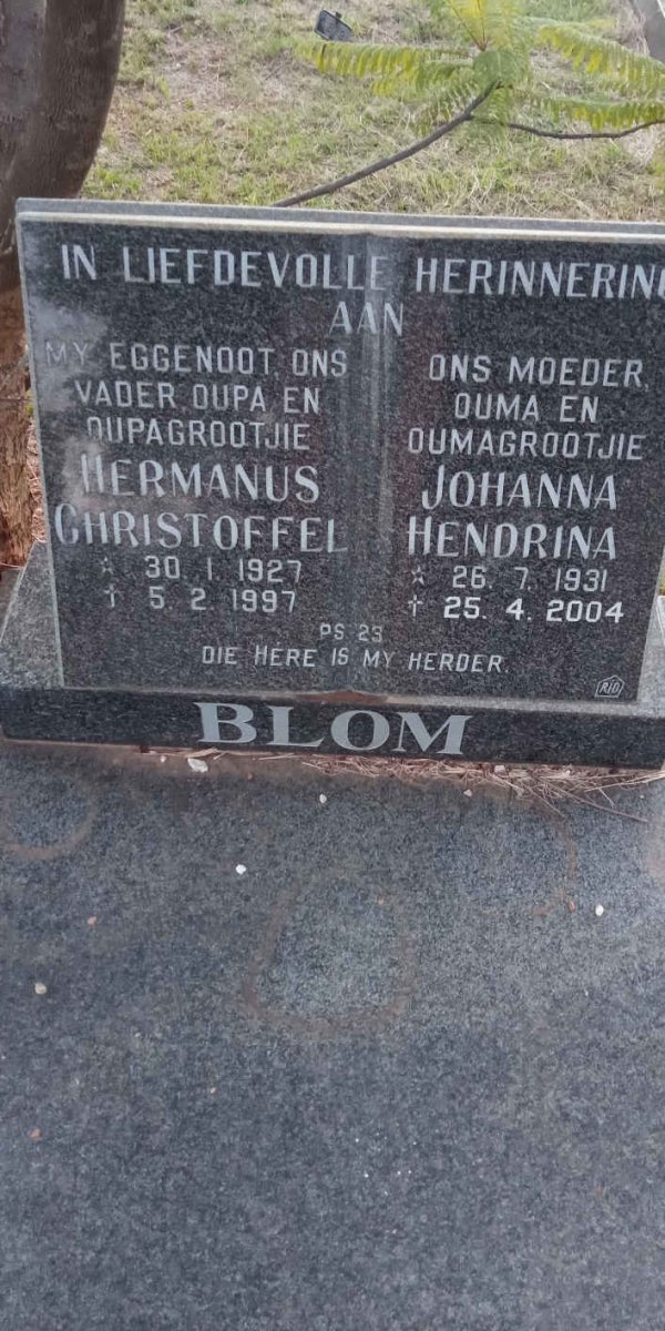 BLOM Hermanus Christoffel 1927-1997 &amp; Johanna Hendrina 1931-2004
