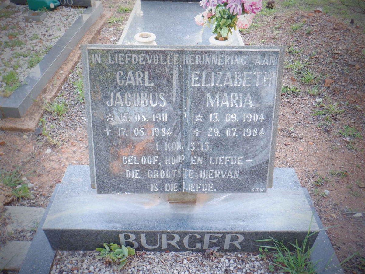 BURGER Carl Jacobus 1911-1984 &amp; Elizabeth Maria 1904-1984