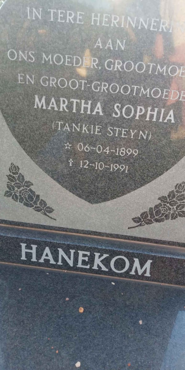 HANEKOM Martha Sophia nee STEYN 1899-1991