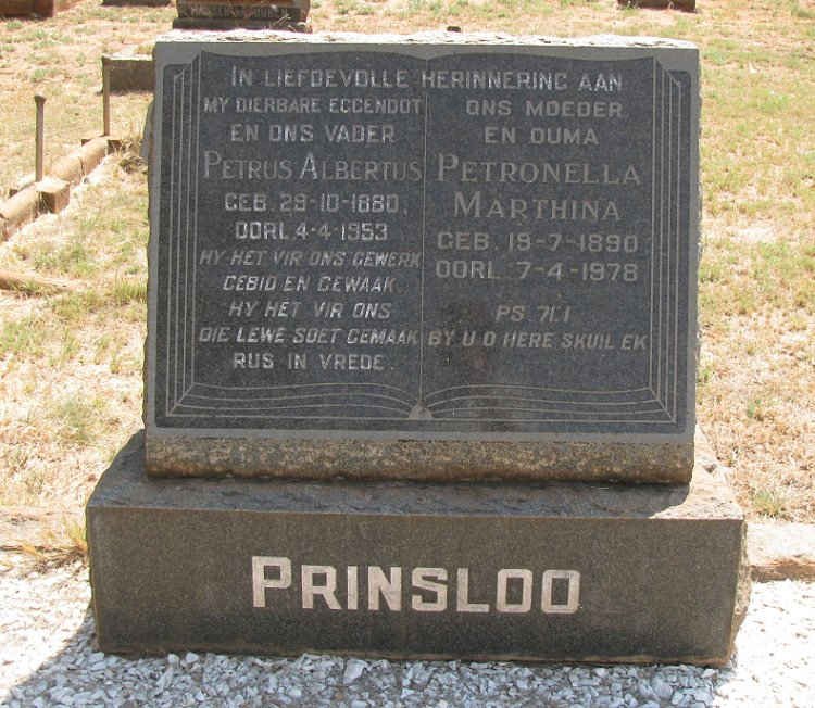 PRINSLOO Petrus Albertus 1880-1953 &amp; Petronella Marthina 1890-1978