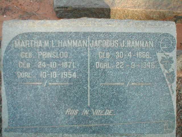 HAMMAN Jacobus J. 1866-1946 &amp; Martha M.L. PRINSLOO 1871-1954