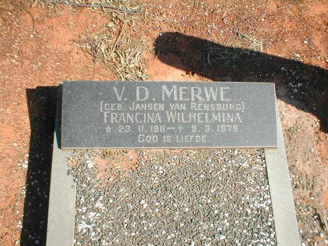 MERWE Francina Wilhelmina, van der geb. JANSE VAN RENSBURG 1911-1978