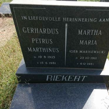 RIEKERT Gerhardus Petrus Marthinus 1925-1981 &amp; Martha Maria MARNEWICK 1911-1981