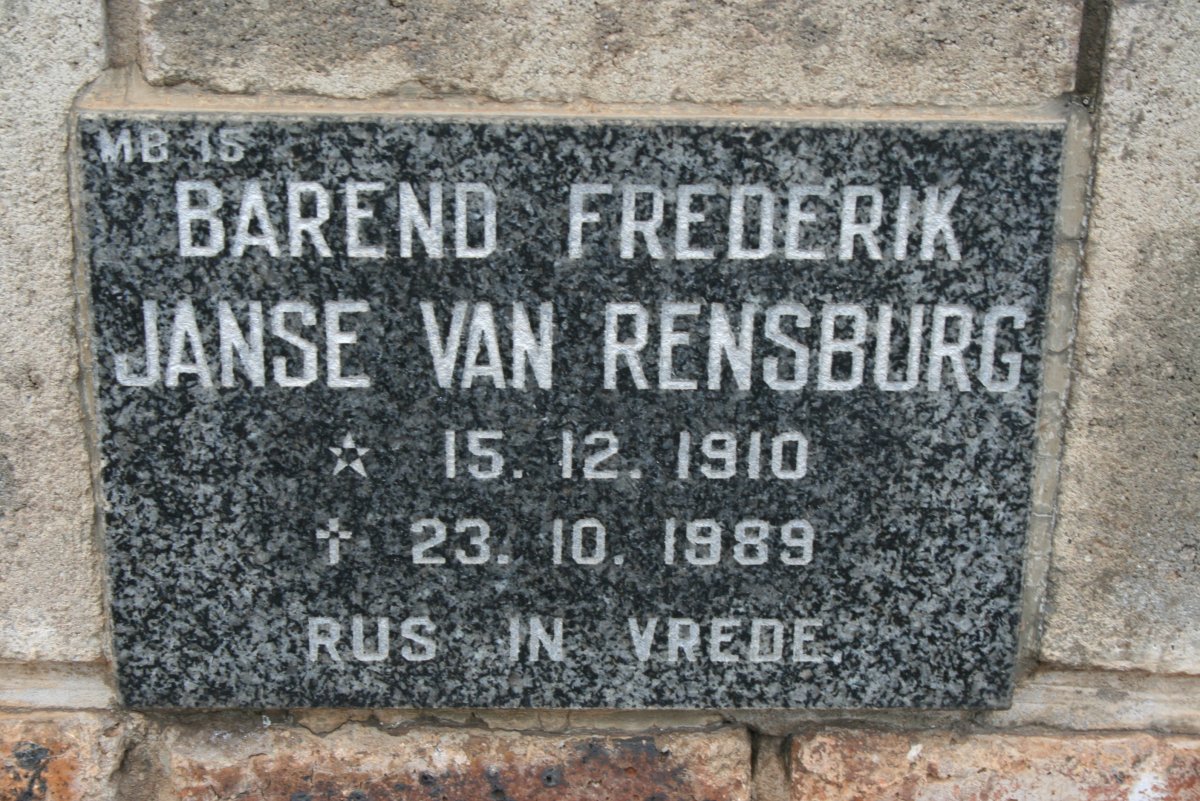 RENSBURG Barend Frederik, Janse van 1910-1989