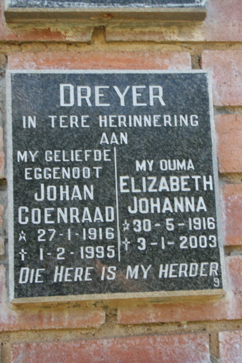 DREYER Johan Coenraad 1916-1995 &amp; Elizabeth Johanna 1916-2003
