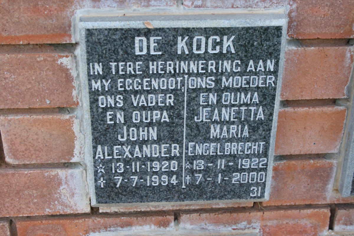 KOCK John Alexander, de 1920-1994 &amp; Jeanetta Maria ENGELBRECHT 1922-2000