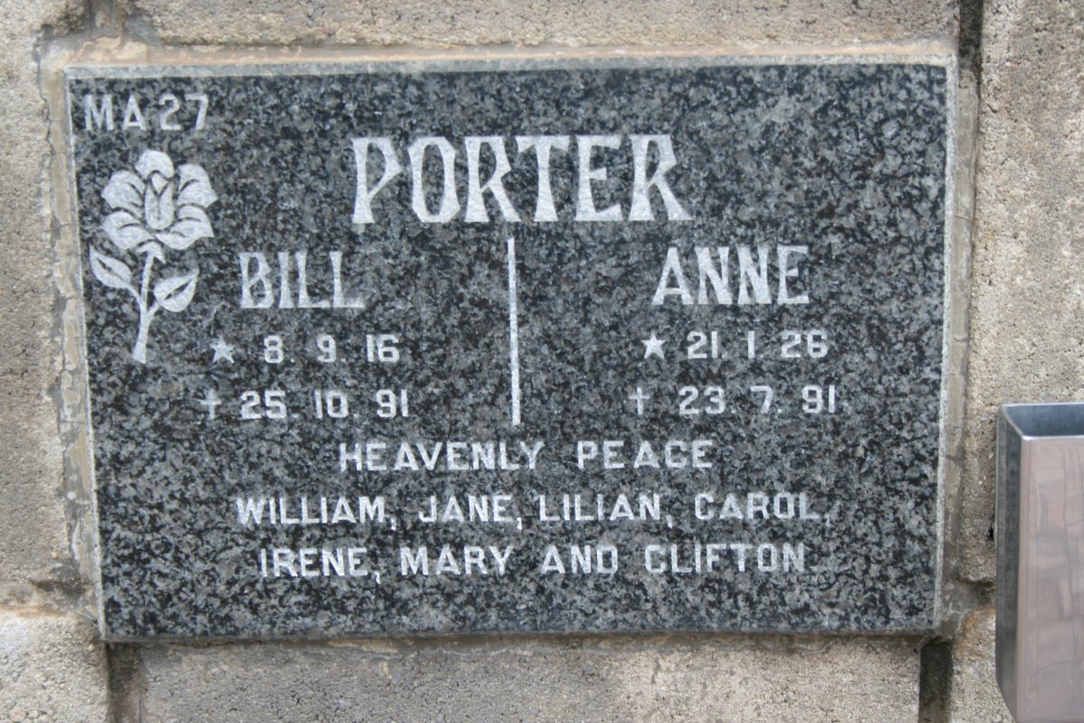 PORTER Bill 1916-1991 &amp; Anne 1926-1991