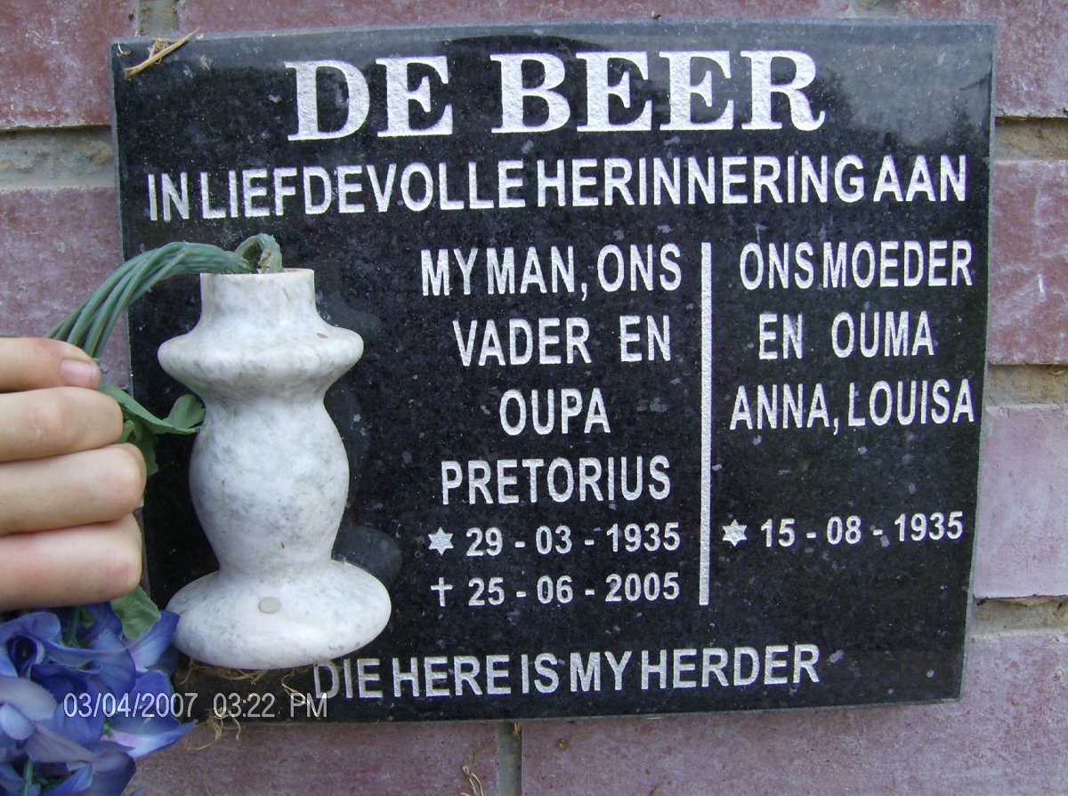 BEER Pretorius, de 1935-2005 &amp; Anna Louisa 1935-