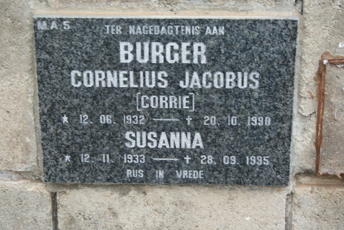 BURGER Cornelius Jacobus 1932-1990 &amp; Susanna 1933-1995