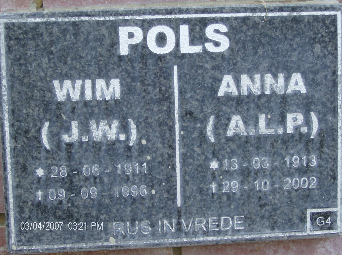 POLS J.W. 1911-1996 &amp; A.L.P. 1913-2002