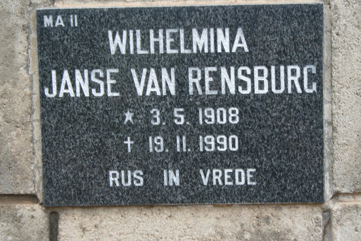 RENSBURG Wilhelmina, Janse van 1908-1990
