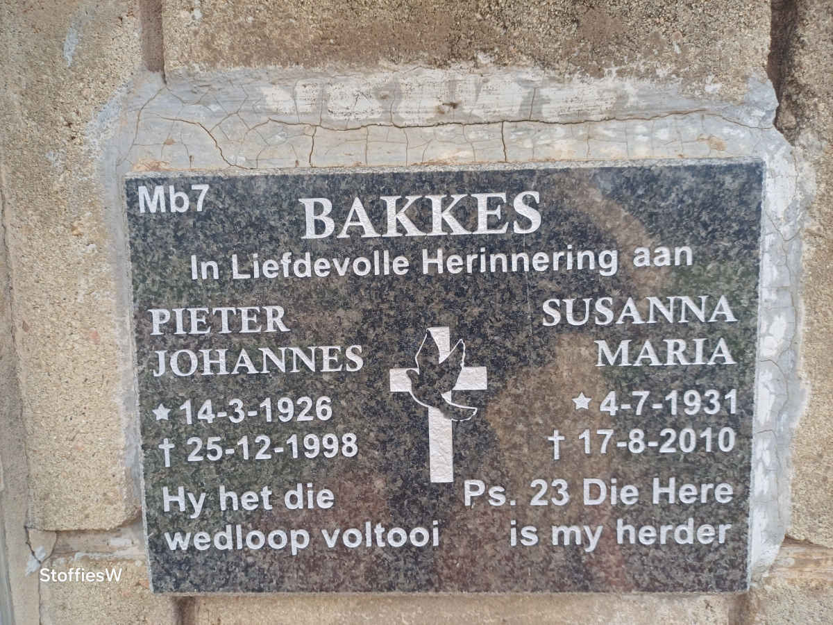 BAKKES Pieter Johannes 1926-1998 & Susanna Maria 1931-2010