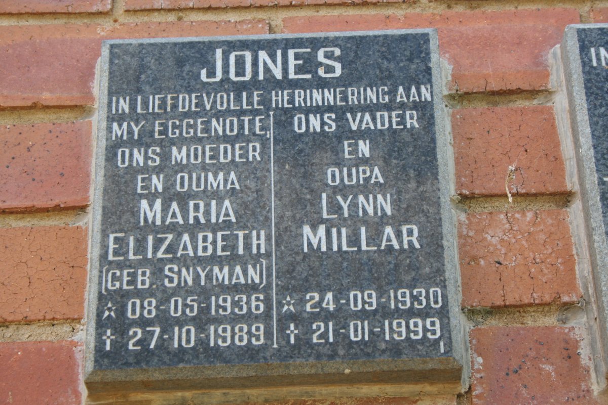 JONES Lynn Millar 1930-1999 &amp; Maria Elizabeth SNYMAN 1936-1989
