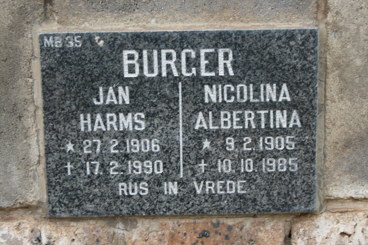 BURGER Jan Harms 1906-1990 &amp; Nicolina Albertina 1905-1985
