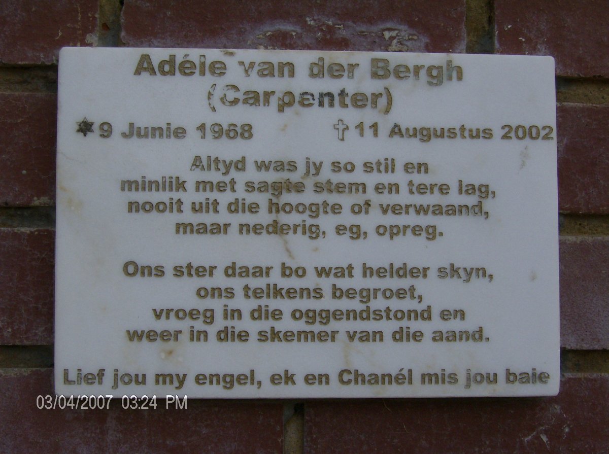 BERGH Adéle, van der nee CARPENTER 1968-2002