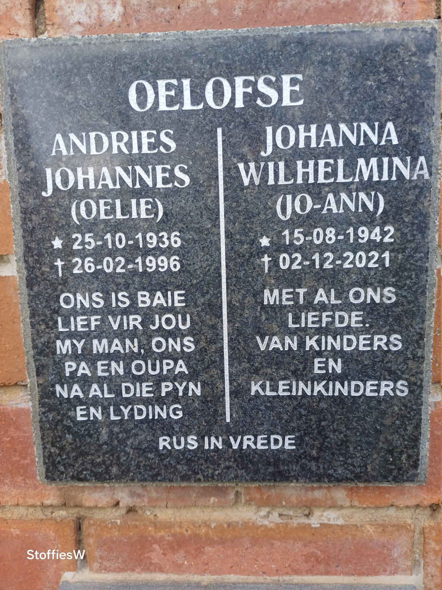 OELOFSE Andries Johannes 1936-1996 & Johanna Wilhelmina 1942-2021
