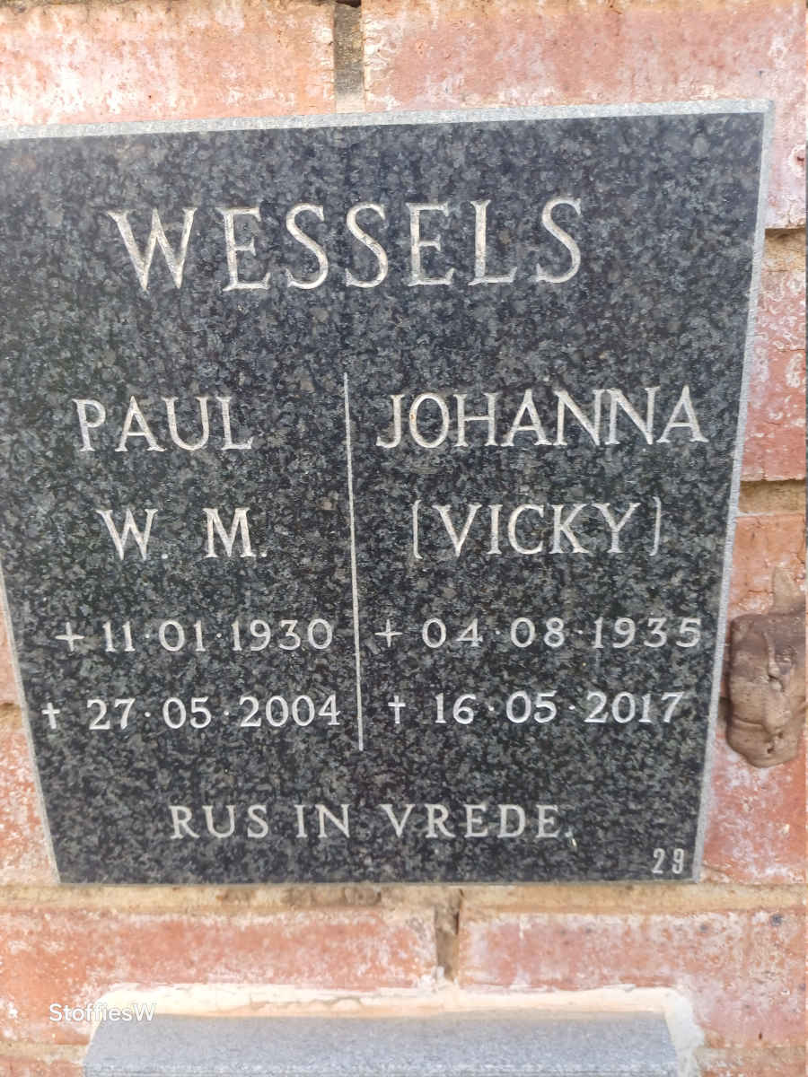 WESSELS Paul W.M. 1930-2004 & Johanna 1935-2017