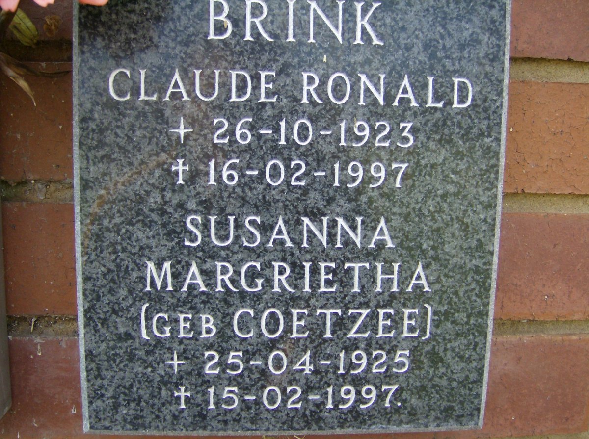 BRINK Claude Ronald 1923-1997 &amp; Susanna Margrietha COETZEE 1925-1997